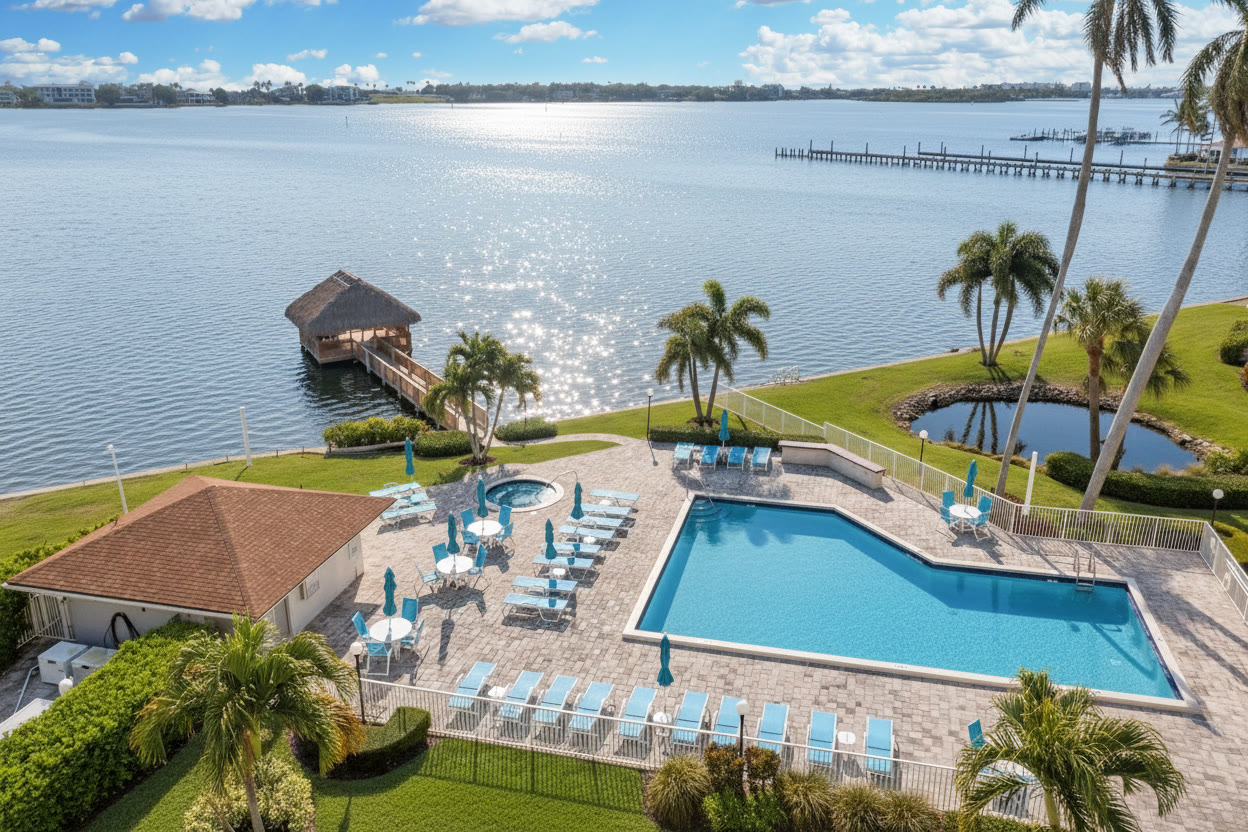 Aerial photograph of a community pool and waterfront dock