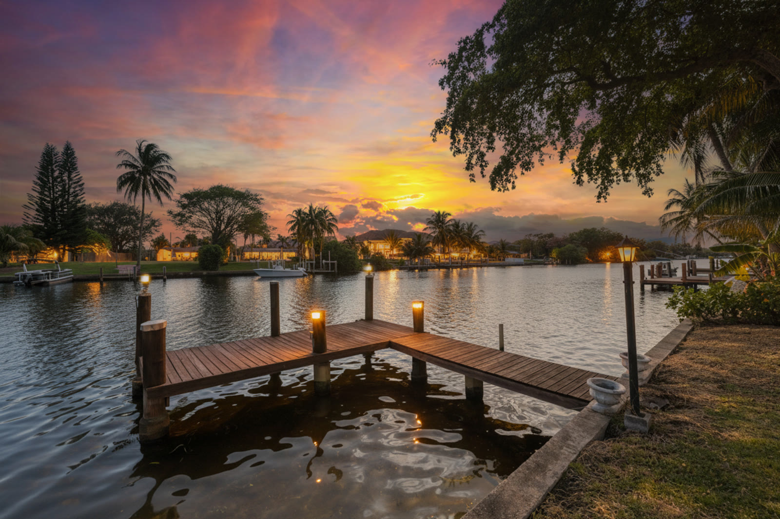 Aerial twilight photograph of a private dock at sunset