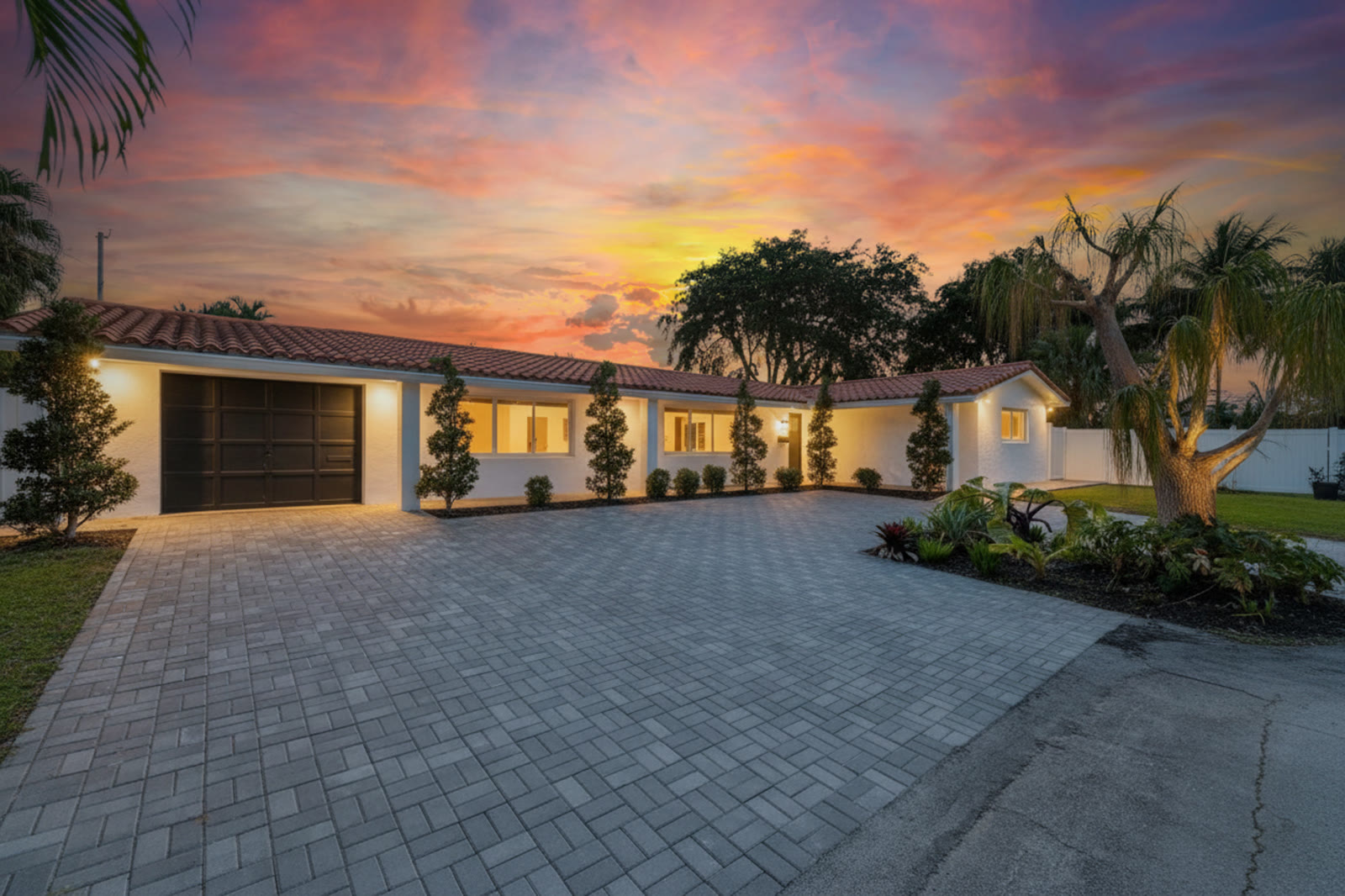 Twilight photograph of a home's front exterior with dramatic sky