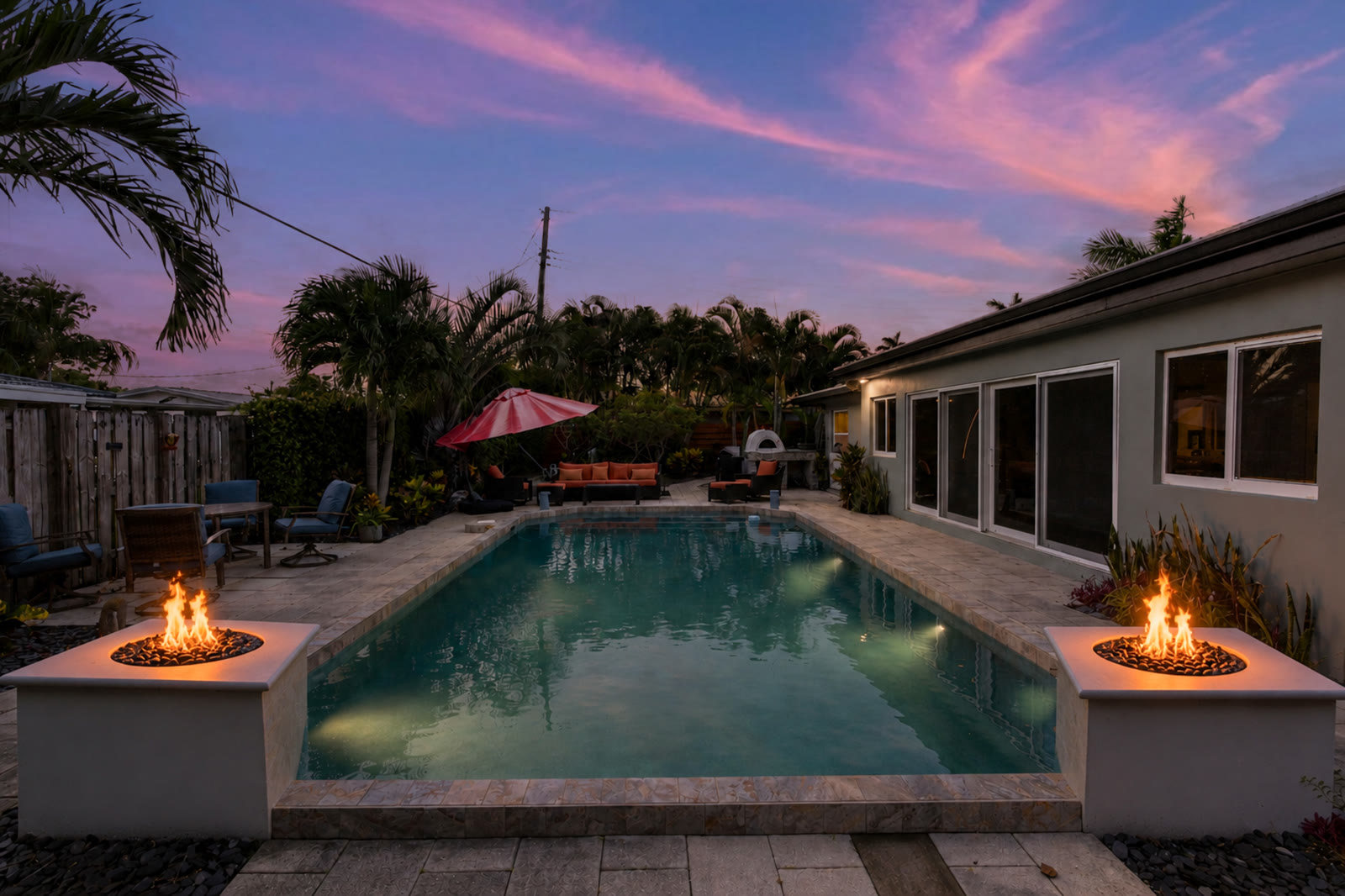 Twilight photograph of a pool with dual firepits and lounge seating